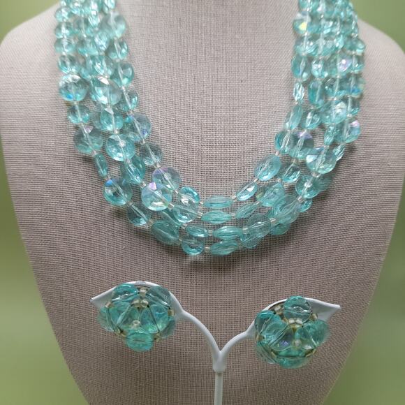 Vintage West Germany Aqua Lucite Bead Necklace Earrings Set, 1940s - Picture 3 of 13